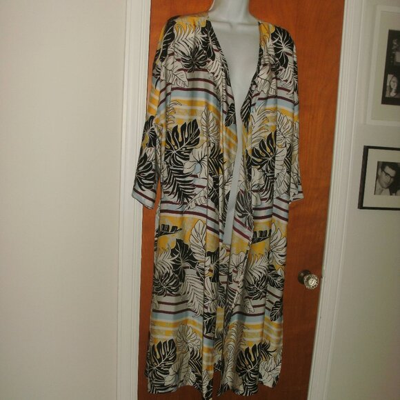 H&M Long Silky Tropical Print Kimono Robe Beach Cover Up with Attached Ties ~ M - Picture 1 of 5